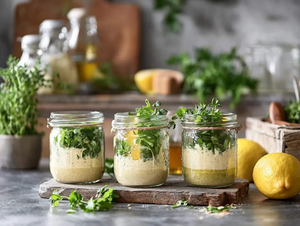Homemade salad dressings in glass jars