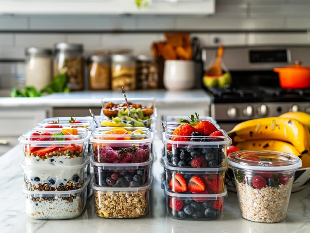 Meal prep containers with healthy breakfast foods
