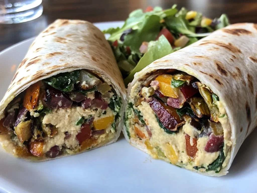 Vegetarian wrap with roasted veggies and hummus