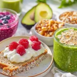 Colorful healthy breakfast ideas table